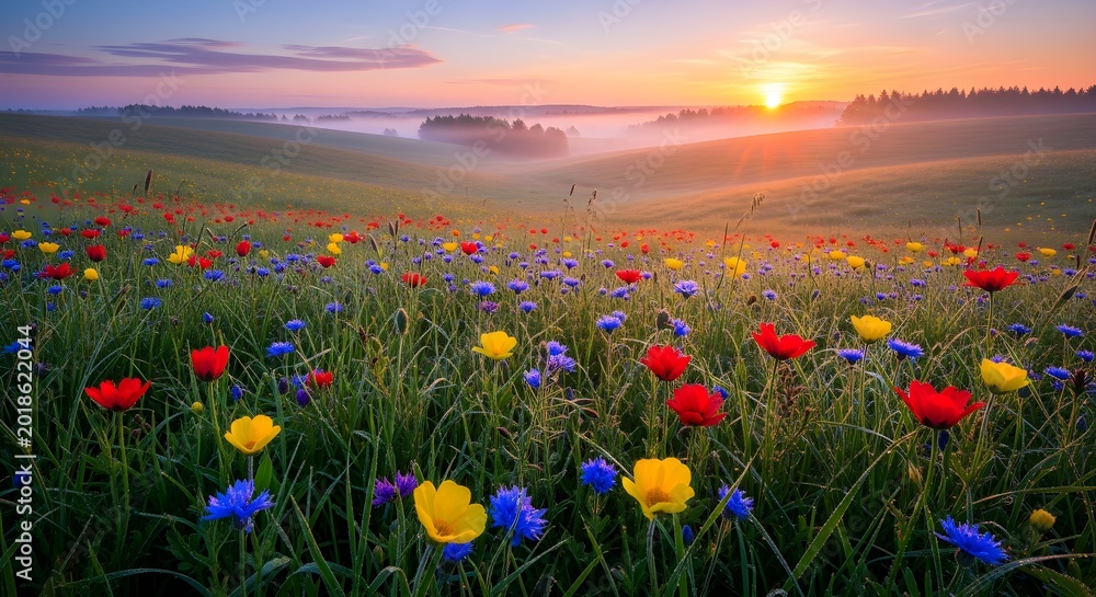 Obraz premium Radiant sunrise spills golden and pink light across a misty countryside as a vibrant carpet of red, yellow and blue wildflowers blooms in the foreground, welcoming the first warm rays of a serene new 