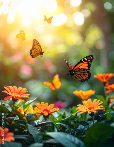 Monarch Butterflies Fluttering Over Vibrant Orange Flowers in Garden