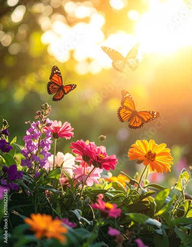 Vibrant Butterflies and Colorful Flowers Under a Shimmering Sun