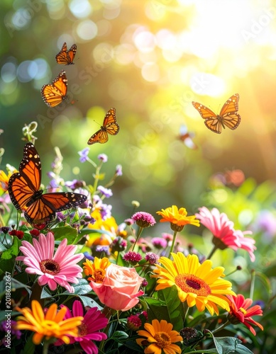 Vibrant Monarch Butterflies and Colorful Flowers in Sunlight