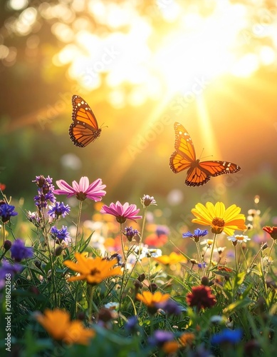 Two Monarch Butterflies Flying Over Colorful Wildflower Meadow