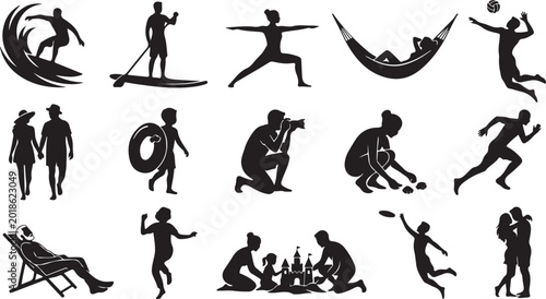 Photography Set of black silhouettes showing people enjoying various summer vacation beach a