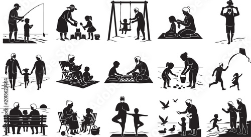 Foto Set of black silhouettes showing family activities like fishing playing on the b