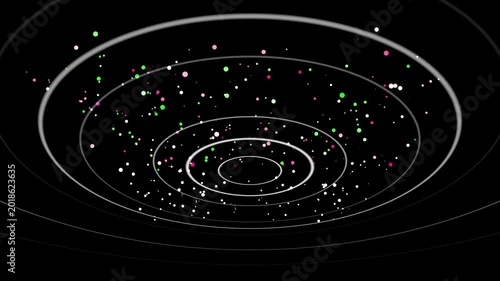 Concentric glowing rings with floating particles creating a dynamic digital motion graphic for abstract backgrounds