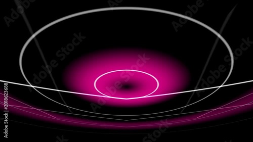 Glowing pink circles and abstract white lines moving in a rhythmic digital motion light sequence
