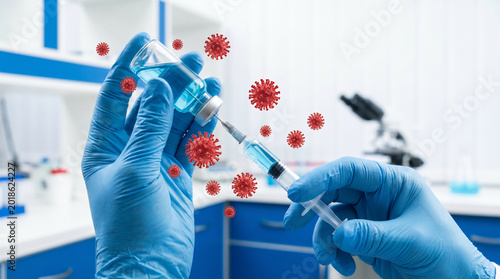 Vaccine syringe and vial in lab, symbolizing immunization, virus protection, medical research, and healthcare.