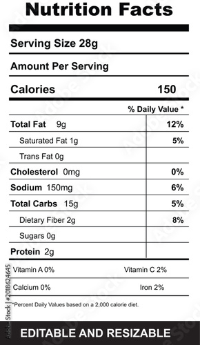 Snack Chips Nutrition Facts Label Vector Illustration, Serving Size 28g