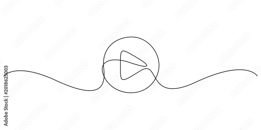Obraz premium Play button icon in one line art style for video media player interface. Minimalist continuous line drawing of a media play button symbol for digital UI design.
