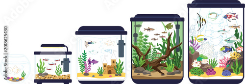 Aquarium tank evolution collection with tropical fish, aquatic plants and underwater ecosystems in flat vector illustration style