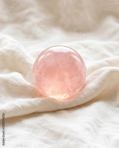 Rose quartz crystal sphere on soft fabric background