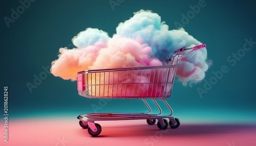 metal shopping cart containing fluffy cloud instead of groceries surreal lightness concept