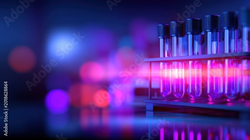 A vibrant arrangement of test tubes reflects a scientific atmosphere with purple and blue hues