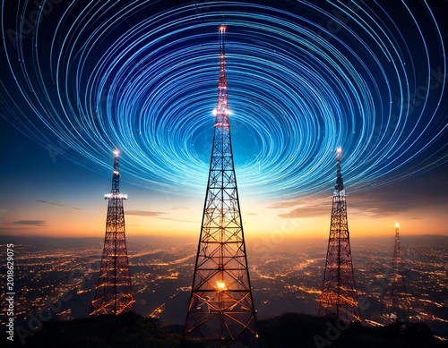 Telecommunication towers broadcasting glowing wireless signal waves across a starry circular night sky above a city