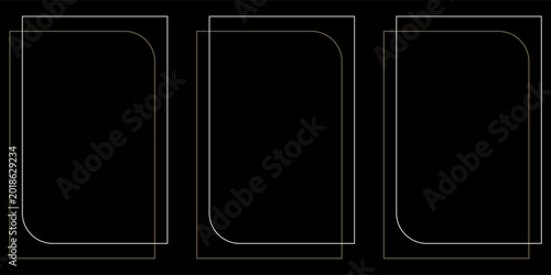 Thin golden frame set. Gold geometric border collection in art deco style. Thin linear shining rectangular shape bundle. Brass glowing shiny boarder element pack for photo, cadre, poster, card. Vector