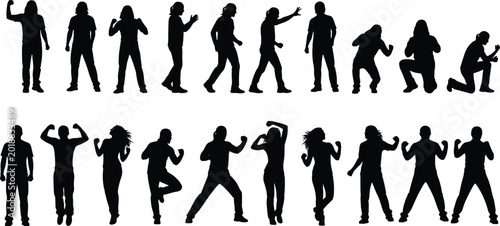 Bild auf Leinwand Collection of dynamic people silhouettes in active poses including fighting cele
