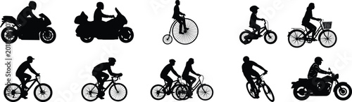 Tableau sur toile Diverse collection of people on bicycles and motorcycles including sport bikes c