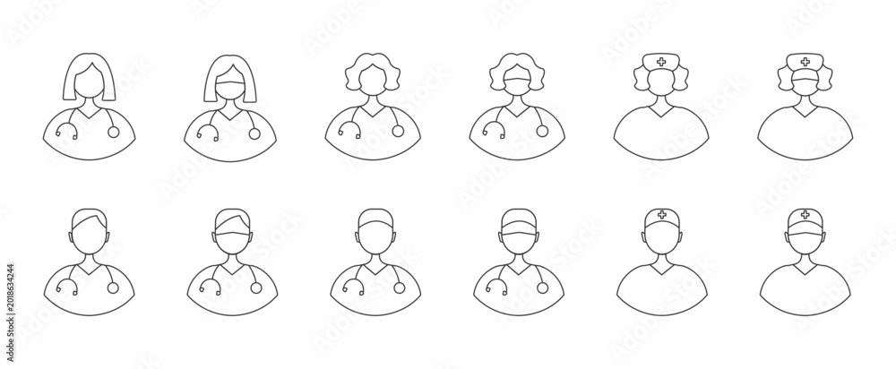 Obraz premium Medical staff icons collection - doctors and nurses avatars. Line style. Vector illustration, isolated on transparent background.