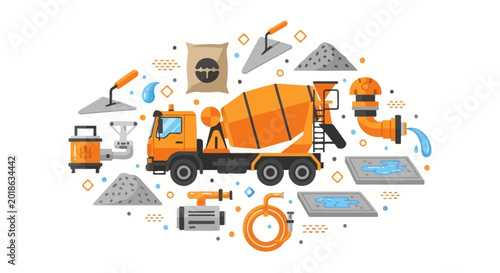 Flat Vector Illustration of a Concrete Mixer Truck and Construction Equipment Set for Building and Masonry Projects