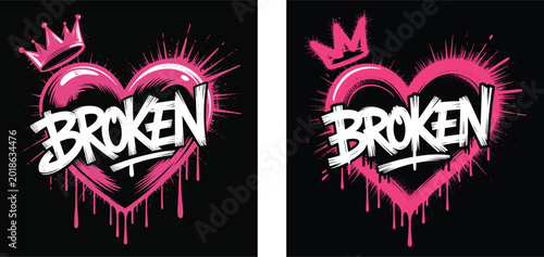 Broken Heart Graffiti Typography Street Art Illustration. Pink Broken Love Urban Spray Paint Design.