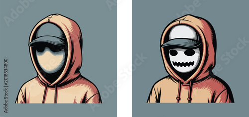 Hooded Anonymous Hacker Mascot Avatar Illustration Set. Faceless Hoodie Character with Skull Mask Icons.