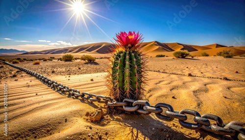 A vibrant blooming cactus constricted by heavy iron chains in a vast desert landscape under a radiant sun, capturing a cinematic metaphor for nature struggling against industrial constraints.