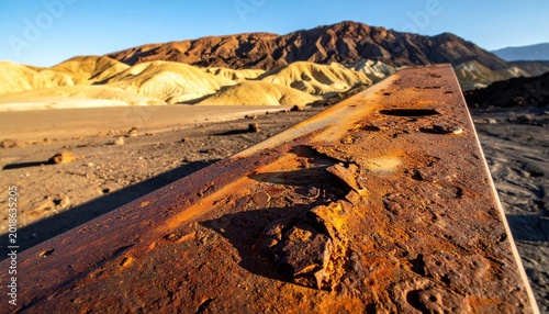 Weathered heavy iron plate featuring deep impact craters and jagged corrosion, set against a vast arid landscape with golden mountains, capturing a cinematic widescreen perspective of industrial decay