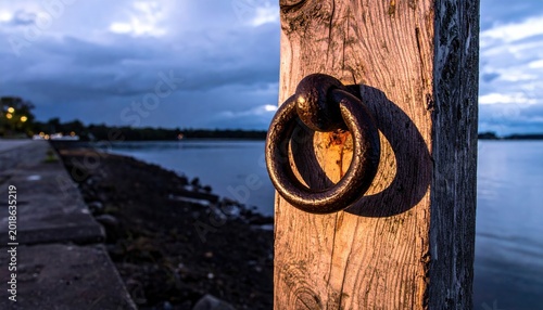 Rustic iron mooring ring attached to a weathered wooden post beside calm dark water at dusk, cinematic landscape view showcasing nautical history and the tranquil atmosphere of a remote lake shore.