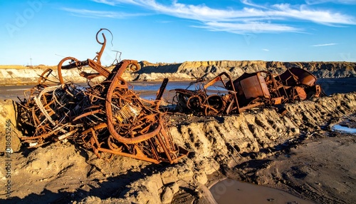 Twisted iron scrap metal piles resting against rugged earthen embankments under a bright clear sky, showcasing industrial waste in a desolate quarry landscape that highlights environmental decay.