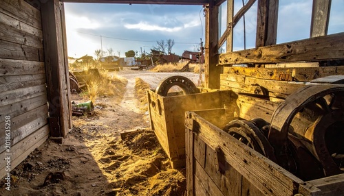 Weathered wooden crates containing heavy iron ball bearings sit inside a rustic shed, illuminated by the warm golden glow of the afternoon sun, showcasing a cinematic scene of industrial decay.