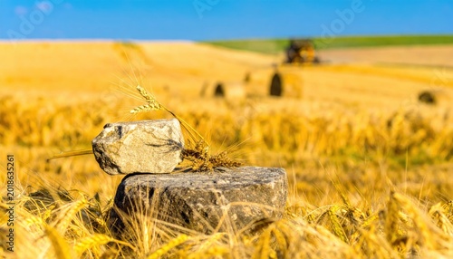 Heavy stone blocks resting upon delicate drying wheat stalks in a golden summer field, capture of agricultural harvest themes and natural textures in a wide cinematic horizontal composition.