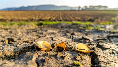 Empty shells resting upon the cracked and parched earth of a dry agricultural field, capturing the stark beauty of environmental change in this wide cinematic landscape photography composition.