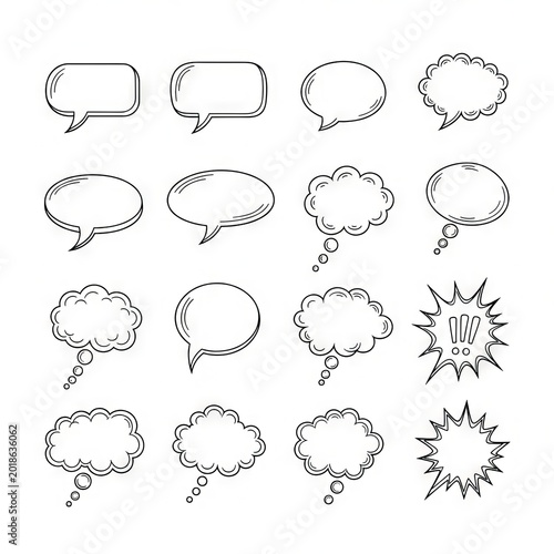 A comprehensive collection of 16 hand-drawn speech and thought bubbles in a doodle style. Perfect for comic books, graphic novels, social media posts, and creative presentations.