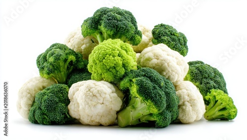Pile of Fresh Broccoli and Cauliflower Florets on White Background.