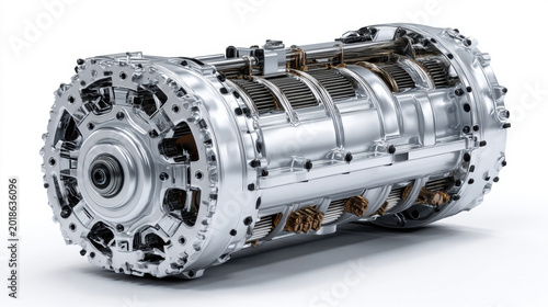 High detail transparent electric motor isolated on white background, futuristic engineering render featuring advanced automotive drivetrain technology, precision mechanical components and industrial 