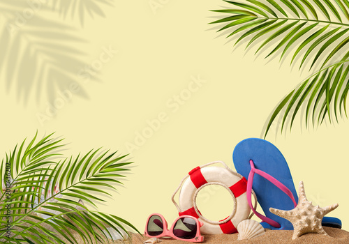Tropical Paradise: Sun-kissed essentials on the shore, whispering tales of leisurely days. A vibrant display of summer must-haves, promising moments of bliss.