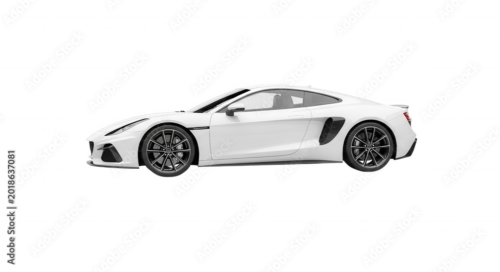Fototapeta premium Side view of a white sports car with dark alloy wheels and black air intakes, isolated on a solid black background