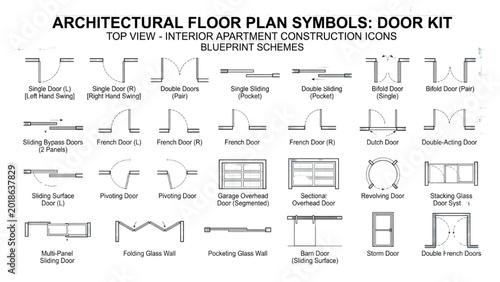 Door Floor Plan Symbols Set – Top View Architectural Kit of Interior Apartment Construction Icons for Blueprint Schemes