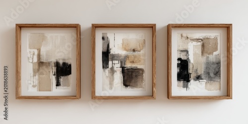 Three framed abstract art pieces with neutral tones and bold black accents displayed on a white wall.