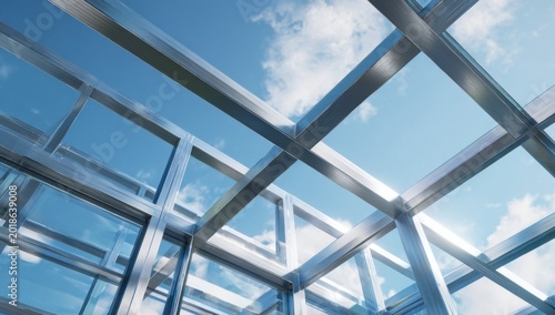 Modern Glass Building Structure Reflecting Blue Sky and Clouds.