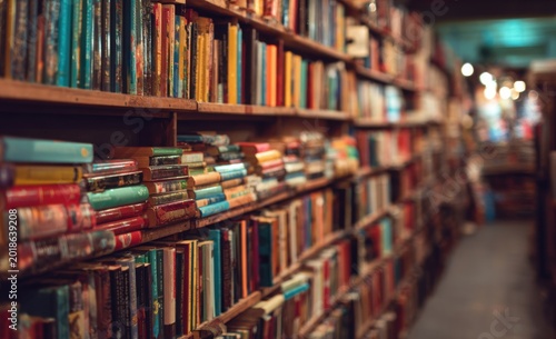 Cozy Bookstore Interior with Rows of Bookshelves Filled with Literature.