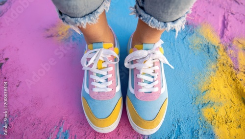 Colorful Sneakers Standing on Vibrant Holi Powder.