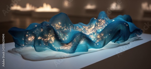 Abstract Blue Sculpture with Golden Lights Displayed on a White Surface.