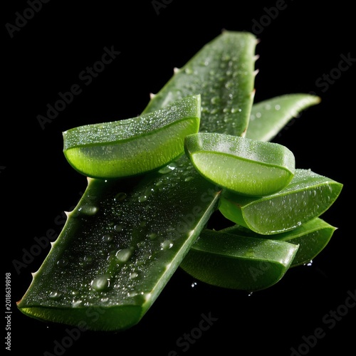 Fresh Aloe Vera Plant Slices with Water Droplets on Black Background.