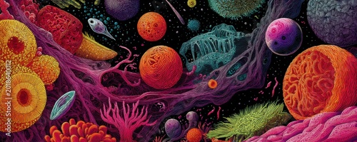 Vibrant Microscopic World of Alien Coral Reefs and Exotic Life Forms.