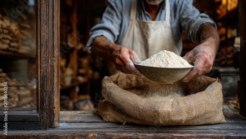 Baker Scooping Flour From Burlap Sack in Rustic Bakery.