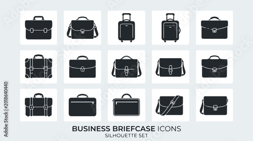 Foto Set of fifteen black business briefcase icons in various styles and views