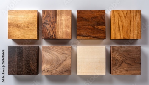 Collection of Eight Square Wood Samples Displaying Diverse Grains and Colors.