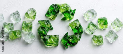 Green Glass Recycling Symbol Surrounded by Crushed Glass Pieces.