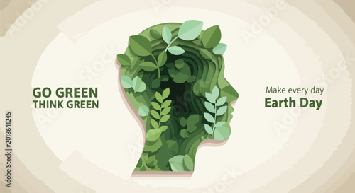 Abstract layered paper cut head profile with greenery and leaves, concept for environment awareness, eco-friendly promotion, and nature conservation.