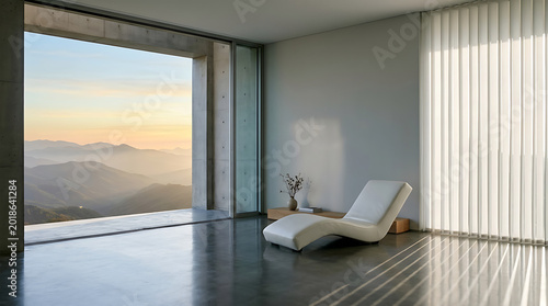 Realm of Serenity: A Minimalist Interior Overlooking Mountainous Twilight